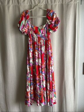 Storia Red Pink Green Abstract Print Midi Dress with Puff Sleeves